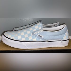 Vans Checkerboard Slip-On Shoe. The color is Baby Blue/True white. Size 10 Women
